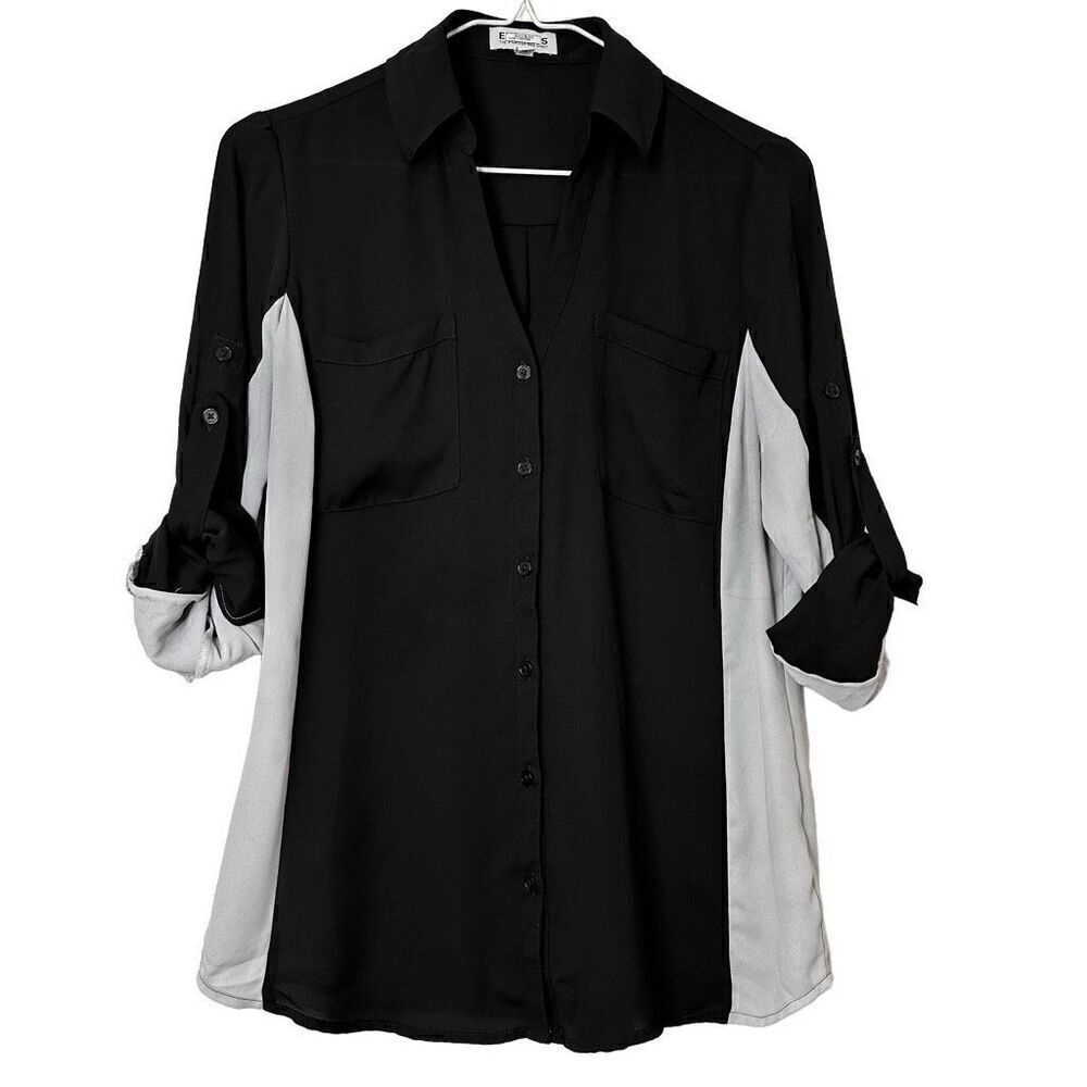 Express Colorblock Roll Tab Sleeve Portofino Blouse Shirt Black & White Small